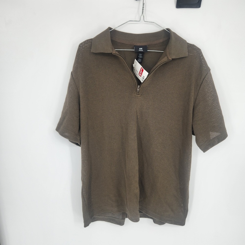 HM Mens Mesh Knit Quarter Zip Polo Shirt Olive Brown Regular Fit Size M NEW